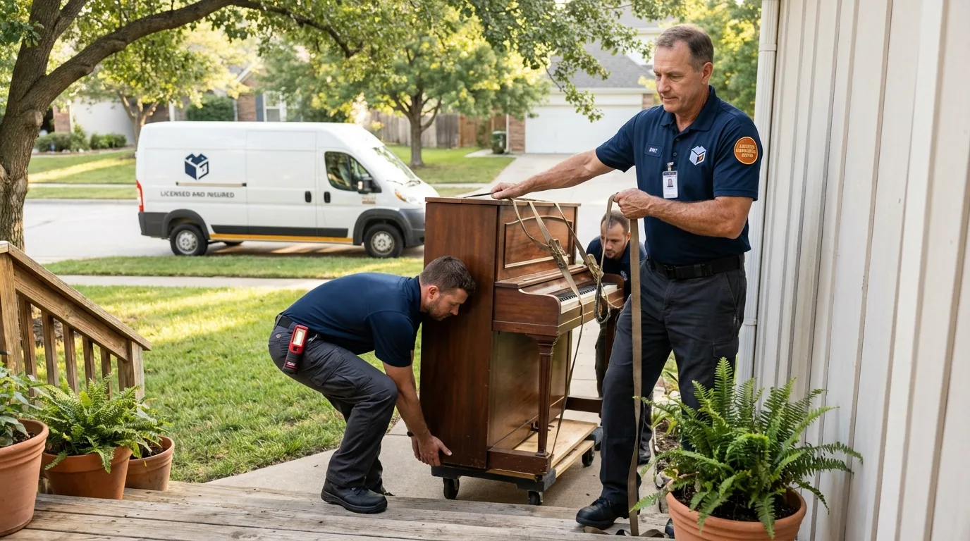 Licensed piano movers securing grand piano in Kinder, LA