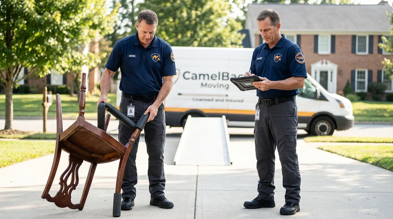 Movers inspecting furniture for damage prevention before loading in Kinder, LA