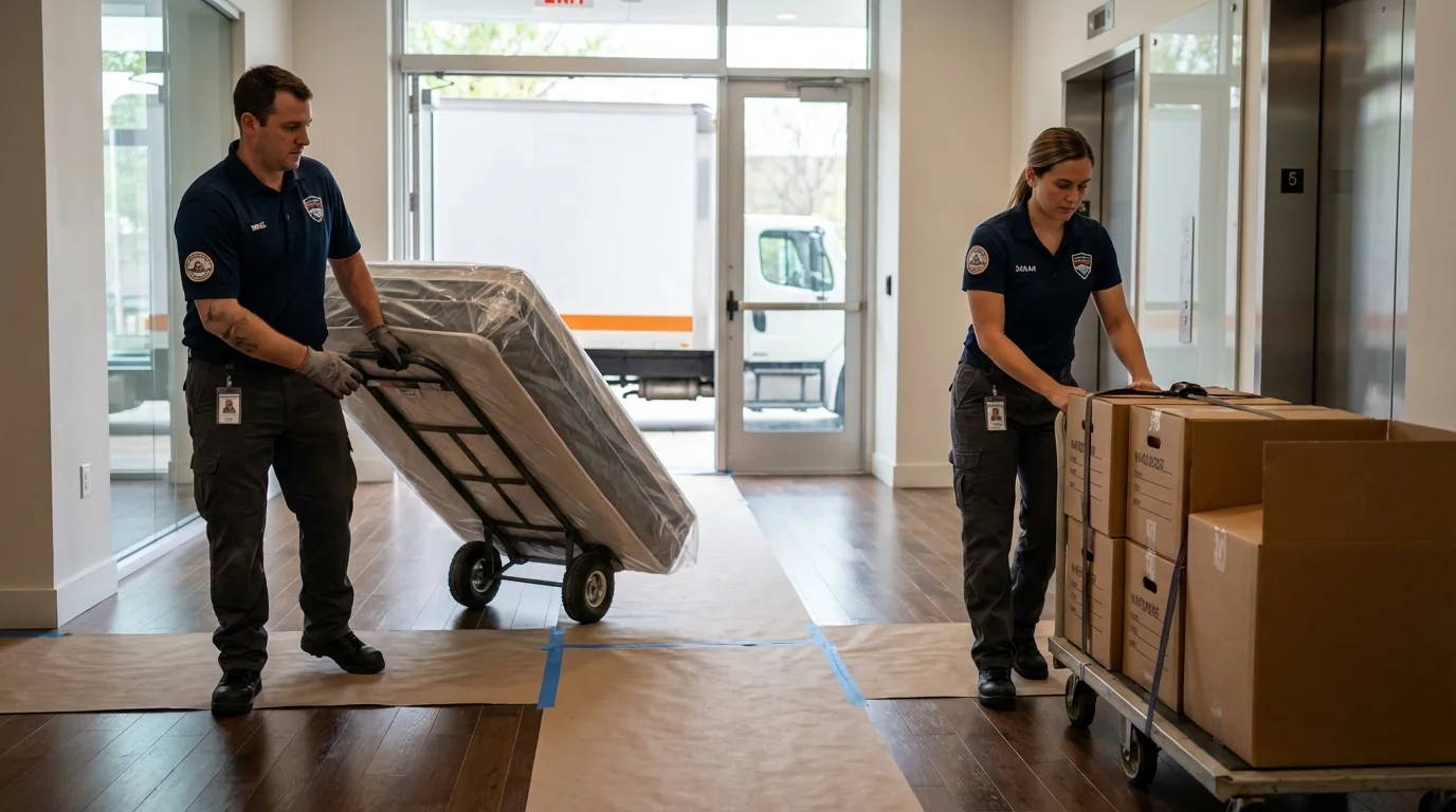 Professional apartment movers loading elevator in Kinder, LA